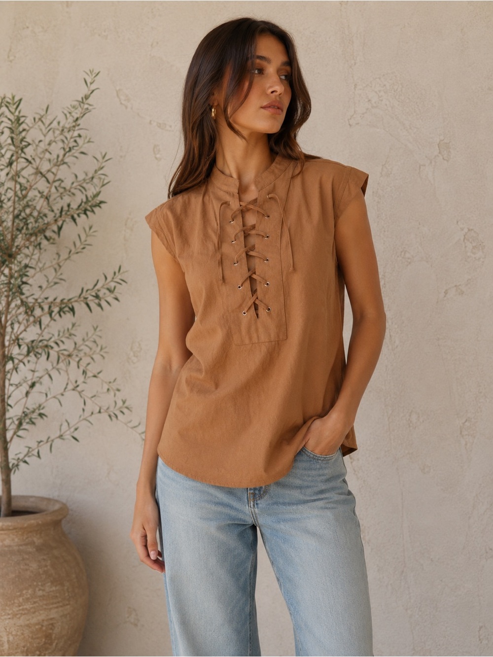 Jogal Brown Lace-Up‎ Sleeveless Top Size Medium 100% Cotton Boho Western